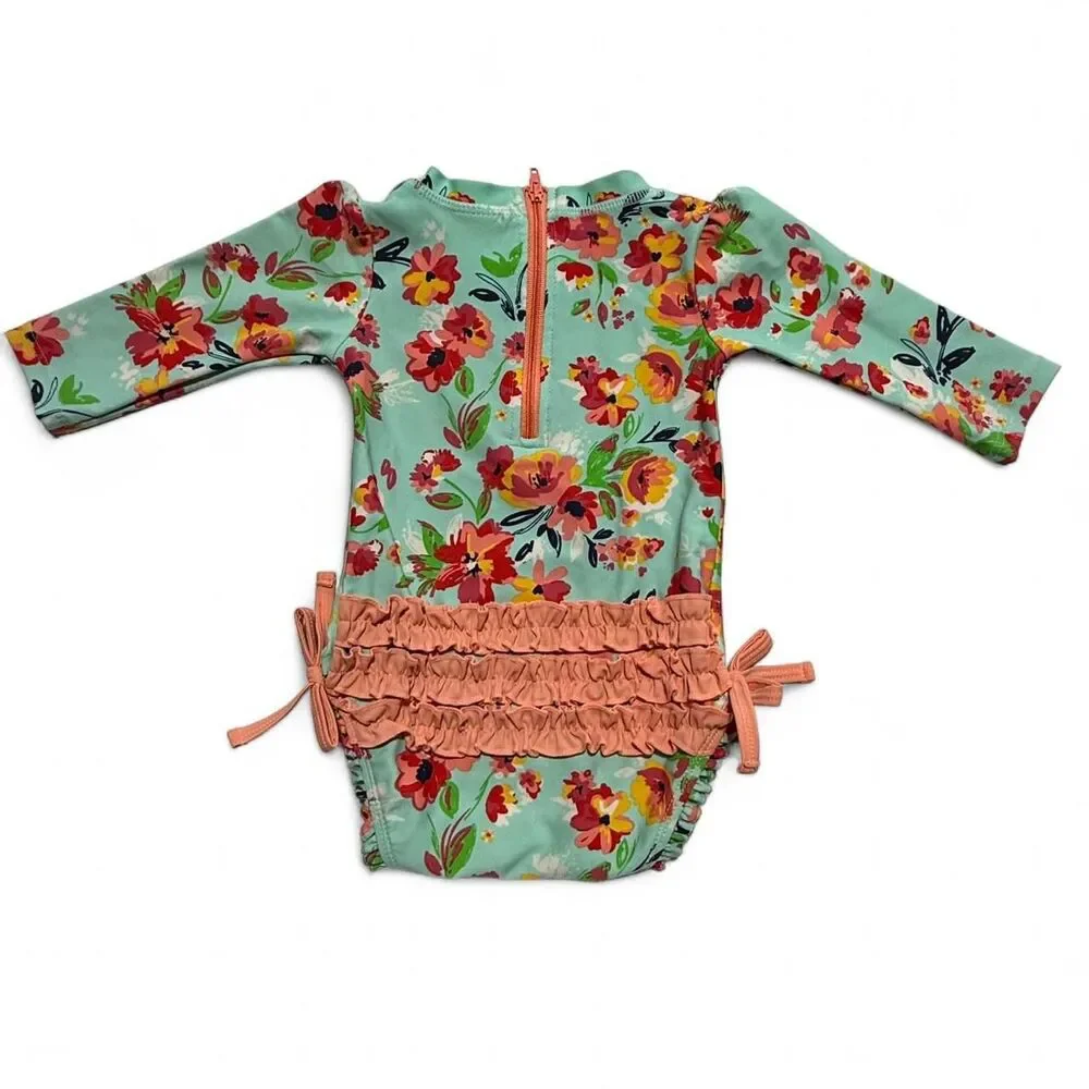 RuffleButts Mint Floral‎ Long Sleeve One Piece Rash Guard Swimsuit 3-6M